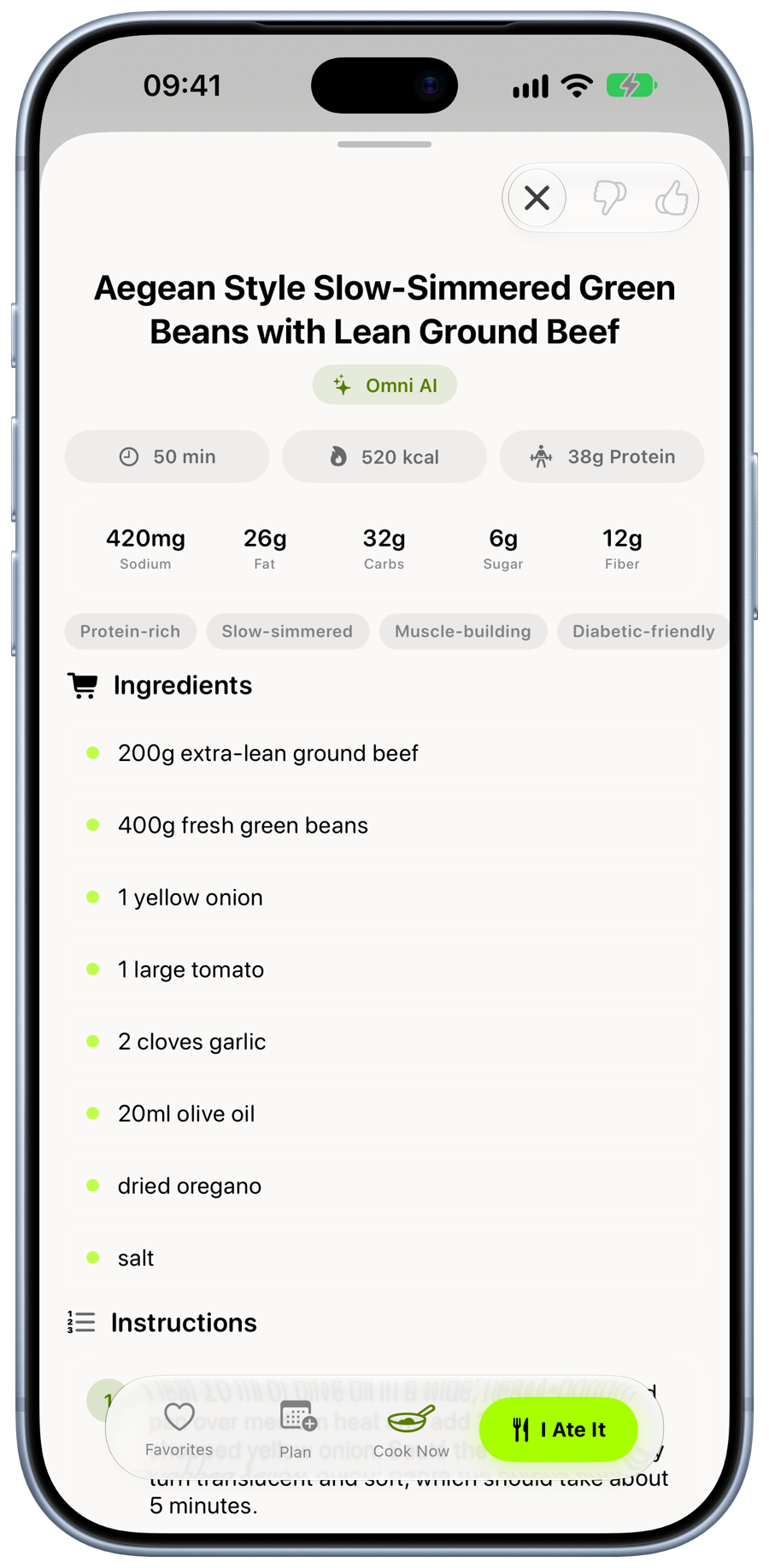 Omni Health recipe screen